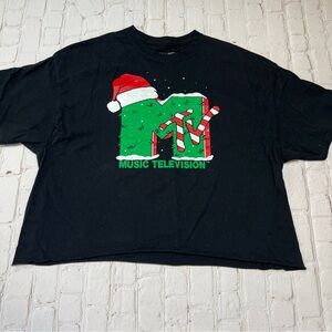 MTV cropped Holiday Christmas Tee - Black with Red and Green